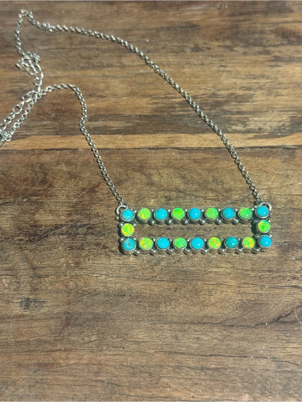 Turquoise & neon yellow/green opal Bar Necklace